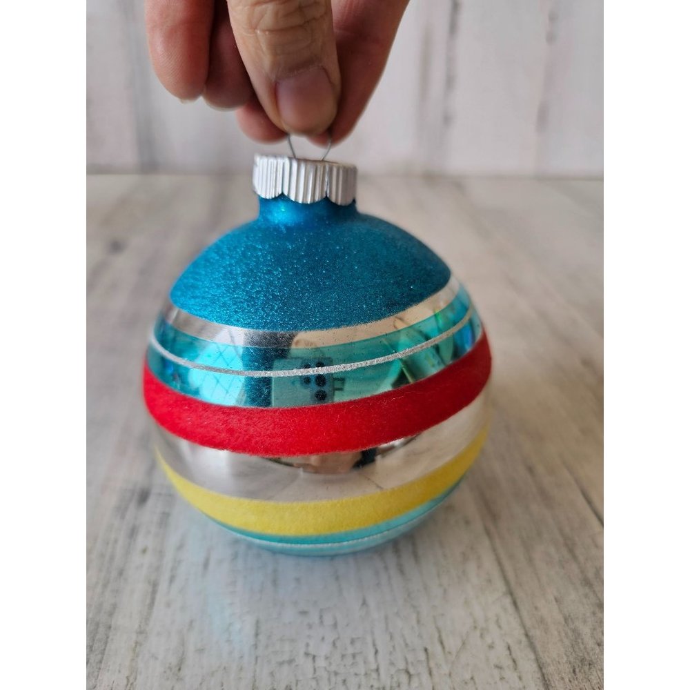 Radko shiny Brite blue 4" striped velvet ball vintage ornament Xmas glitter tree